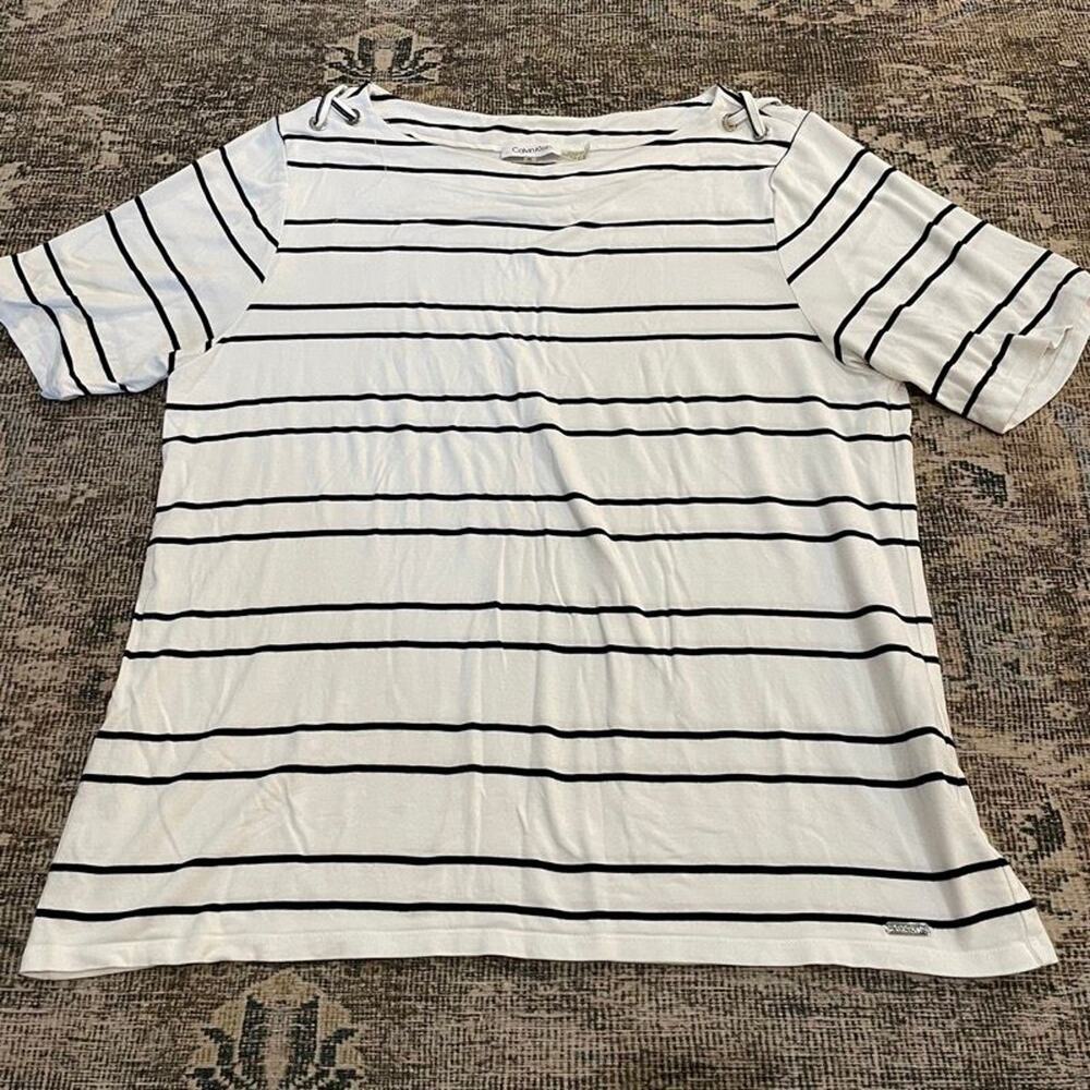 Calvin Klein Womens XL Striped Boat Neck Top White Black Lace-Up Shoulder Tee